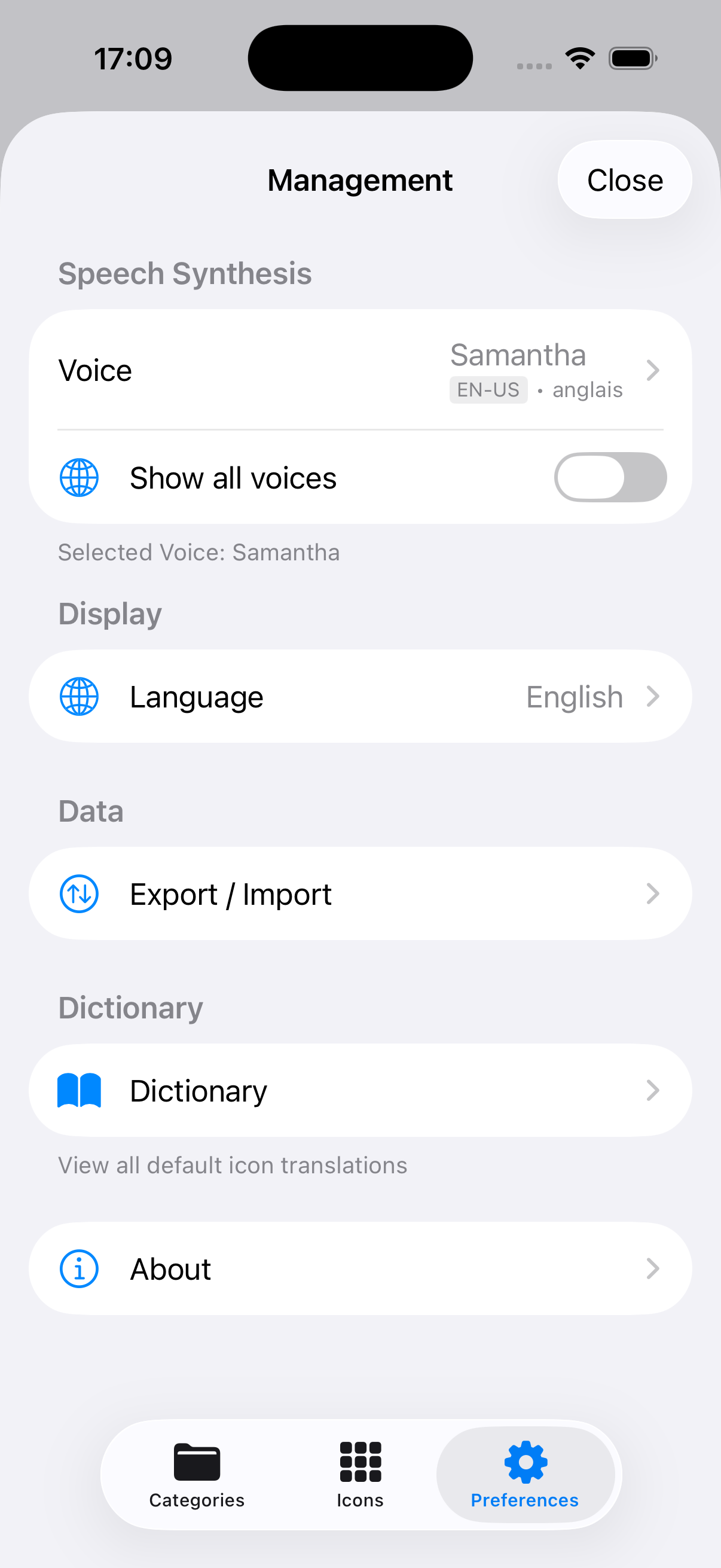 Preferences screen